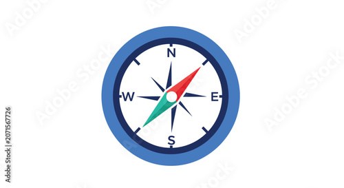 Modern blue compass icon with a red and green needle pointing towards north to represent navigation, direction, travel, and adventure.