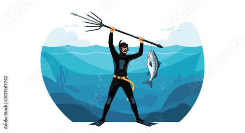 Professional spearfisherman in a black wetsuit holding a large speargun and his catch fish underwater in the deep blue ocean.