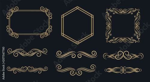 Elegant set of gold ornamental frames and decorative flourishes on a dark background for premium branding, weddings, and invitations.