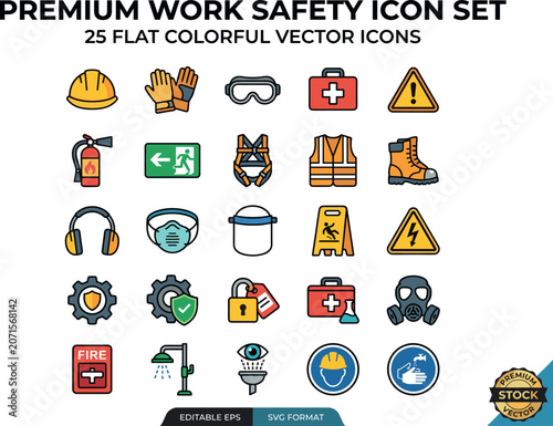 Premium Work Safety Icon Set 25 Flat Colorful Vector Helmet Harness Gas Mask Face Shield Fire Alarm Shower Eye Wash Hand Wash EPS