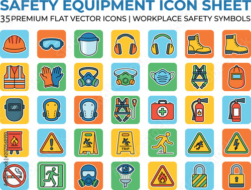 Safety Equipment Icon Sheet 35 Premium Flat Vector Workplace Symbols Knee Pads Welding Mask Backpack Trip Hazard Fire Sign Lock EPS