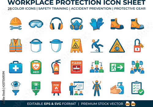 Workplace Protection Icons 28 Color Vector Safety Training AED Evacuation Presentation Hand Sanitizer Checklist Accident Prevention