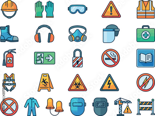 Workplace Safety Icons 25 Flat Colorful Vector Helmet Gloves Biohazard Coveralls Welding Mask Crane Bell Barrier Manual Lock EPS SVG