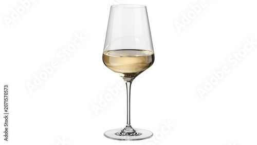Clear glass goblet filled with pale yellow wine, isolated on transparent background