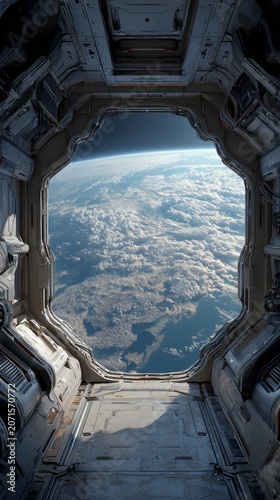 A futuristic spacecraft window frames the planet's curvature and clouds, serving as a dramatic background for themes of exploration and isolation.