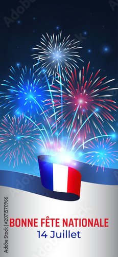 Banner 14 july bastille day in france. Wallpaper with french colorful fireworks on dark sky background. French national holiday. Fireworks france flag. Vector. Translation: Happy National Day July 14