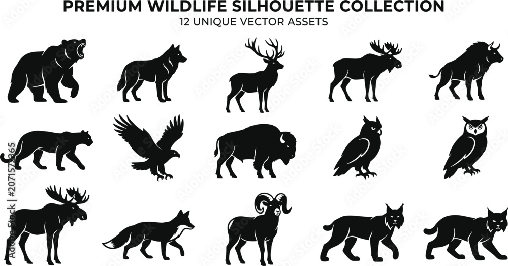Obraz premium Premium Wild Animals Silhouette Icon Set Featuring Monochrome Black Bear Wolf Deer Moose Bison Panther Eagle Owl Fox Ram and Lynx Vector Wildlife Elements