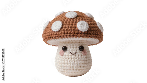 Cute crocheted mushroom toy with white polka dots, isolated on transparent background