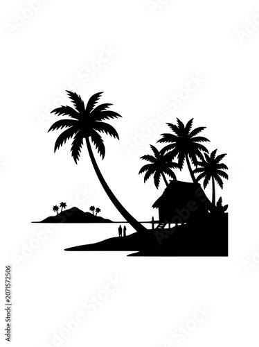 Tropical beach silhouette with palm trees and island bungalow