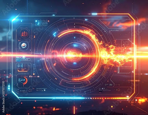 A futuristic holographic interface with a glowing orange circle