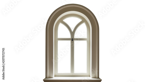Arched architectural window frame with mullions, isolated on transparent background