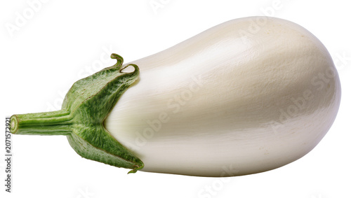 White eggplant with green stem and calyx, isolated on transparent background