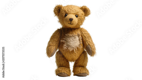 Fluffy brown teddy bear with worn fur, isolated on transparent background