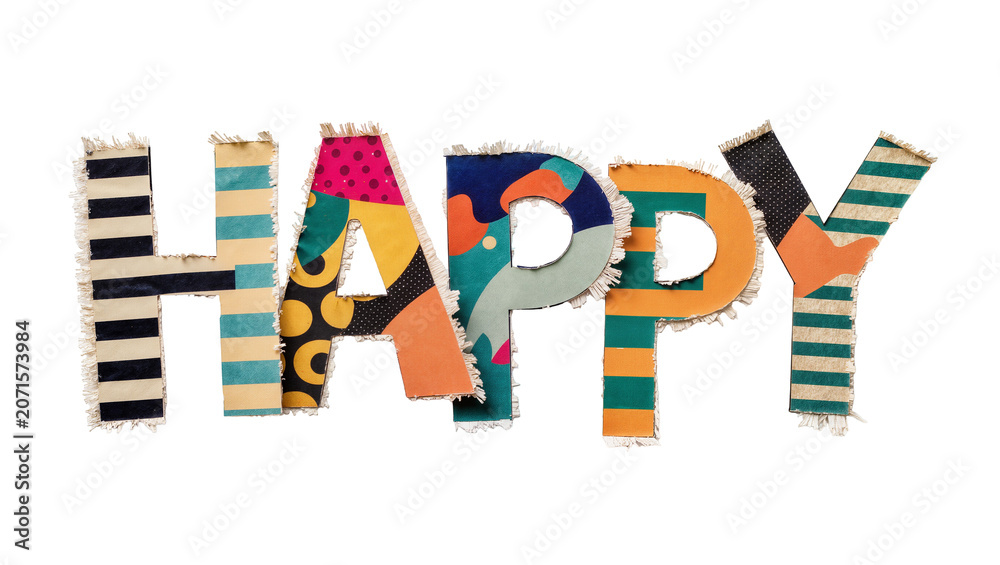 Obraz premium Colorful fabric letters spelling HAPPY, isolated on transparent background