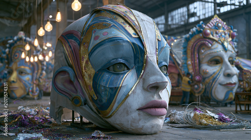 Samba school float builders arranging papier-mache carnival figures in a pre-dawn warehouse, bare bulbs swinging above enormous painted faces, glitter and wire scattered across a