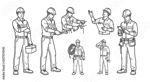 Картината върху платно Line drawing of six workers in various professions white background