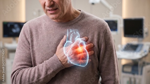Man Experiencing Chest Pain With Anatomical Heart Overlay and Cardiovascular Disease Concept