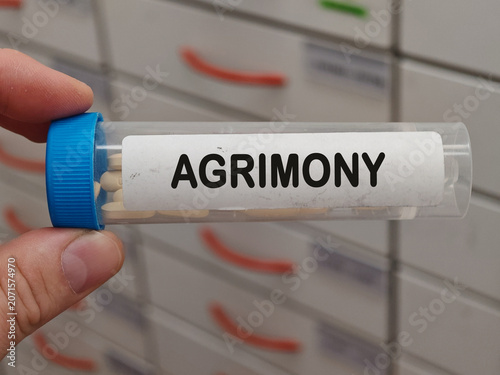 Foto Box of AGRIMONY tablets on a hospital pharmacy table used to support digestion and liver health a herbal supplement