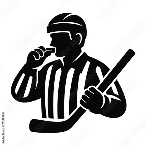 Bild auf Leinwand Silhouette of a hockey referee blowing a whistle and holding a hockey stick in a