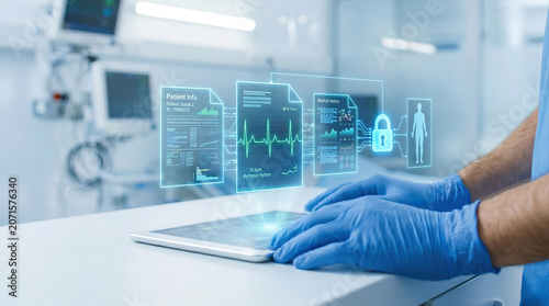 Electronic Health Records Concept with Gloved Hands, Tablet, ECG Data and Secure Patient Information Icons