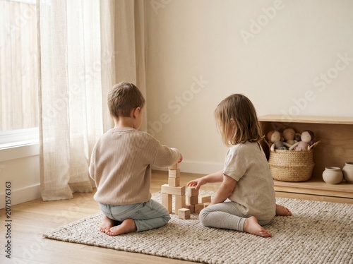 Children playing with wooden toys on cozy rug in bright minimalist living room
