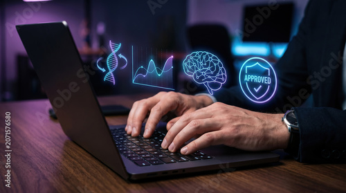 AI Healthcare Concept with DNA Helix, Laptop, Neural Network Brain and Approved Health Data Icons