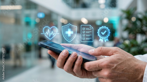 Health Insurance Concept with Smartphone, Heartbeat Pulse Line and Medical Shield Approval Badge