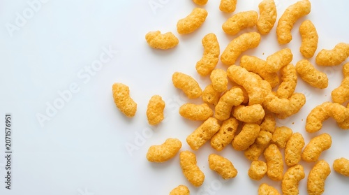 Close-up of Crunchy Snack Puffs Scattered on White Surface with Bright Lighting and Minimalist Background