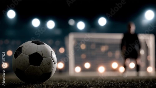 Exciting moment as players prepare for a penalty kick at night during a soccer match in a well-lit stadium