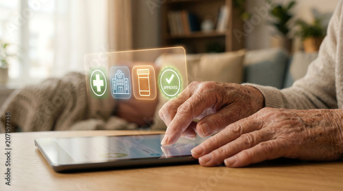 Elderly Healthcare Concept with Senior Hands on Tablet, Medical Cross and Prescription Approval Icons
