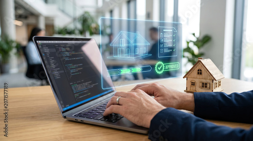 Mortgage Application Concept with Laptop, Wooden House Model and Approved Loan Progress Checklist