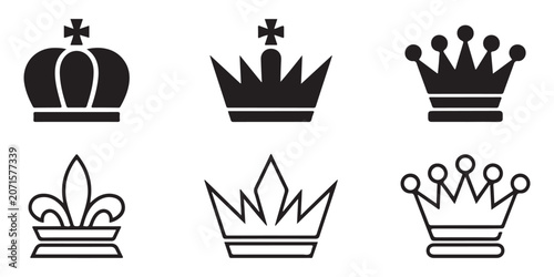 Obraz na płótnie Set of six royal crown icons in black and white silhouette vector illustrations