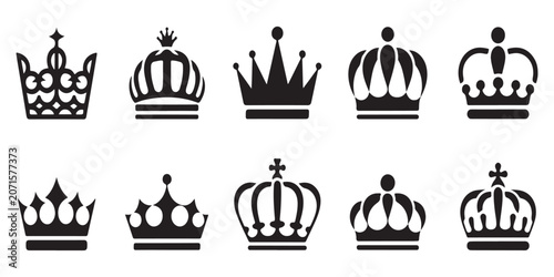 Fényképezés Group of ten different black crown icons in silhouette for royalty and power