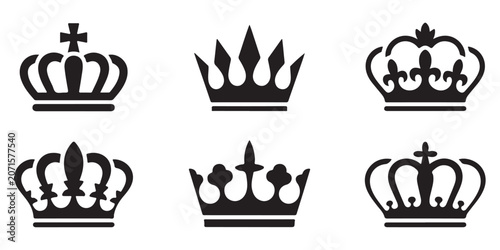 Fotografie Set of black royal crowns for logo design element heraldic symbols isolated on white background flat vector illustration