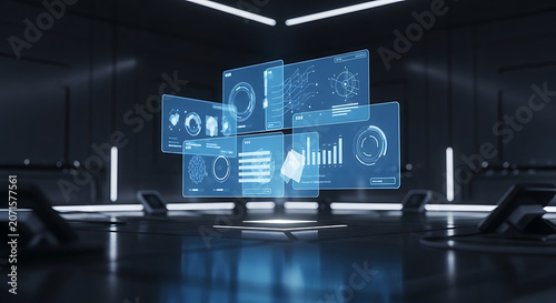 A futuristic conference room displays various digital graphs and charts on a large screen.