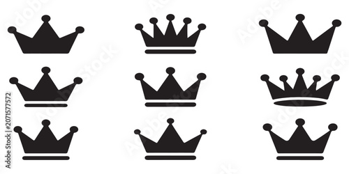 Foto Set of nine black crown icons representing monarchy and leadership