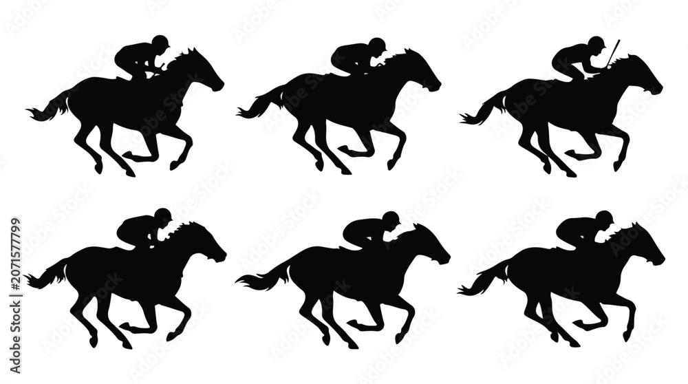 Fototapeta premium Jockey riding horse silhouette, running horse