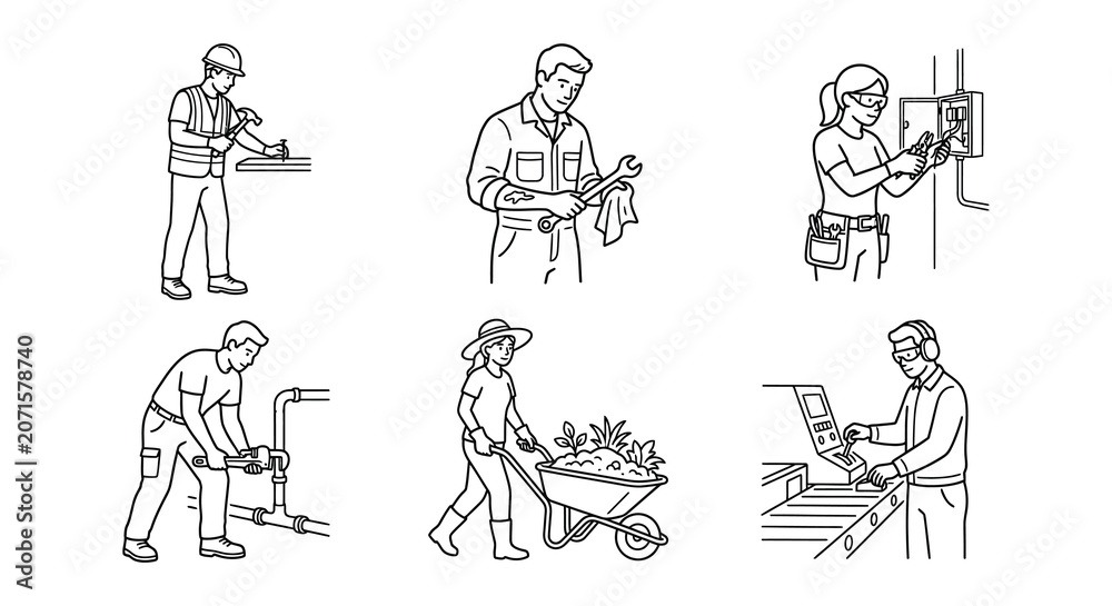 Obraz premium Line Art Worker Icons With Tools Black And White Illustration