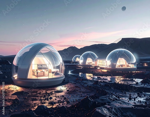 A futuristic landscape with illuminated domes on a barren terrain