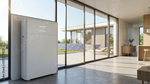 Modern home interior with large glass sliding doors and energy storage battery system