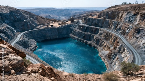 Open pit mine with turquoise lake and industrial infrastructure
