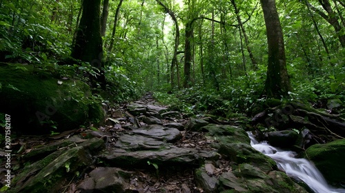A stunning low angle view of a lush tropical rainforest trail meeting gentle ocean waves and wisps of sea foam