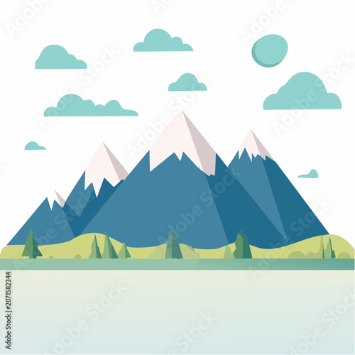 Flat design mountain landscape with clouds and water