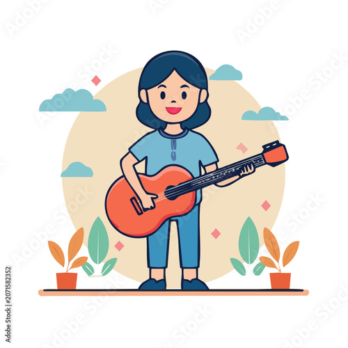 Flat illustration of a girl playing an acoustic guitar