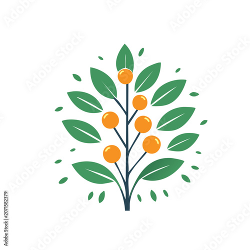 Flat illustration of orange fruit branch with green leaves