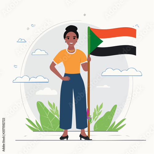 Woman holding the flag of Sudan in flat design style
