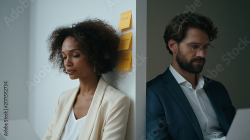 Two co-founders sit back to back on opposite sides of a minimalist studio wall, each reviewing conflicting investor decks, body language rigid, post-it notes on each side bearing