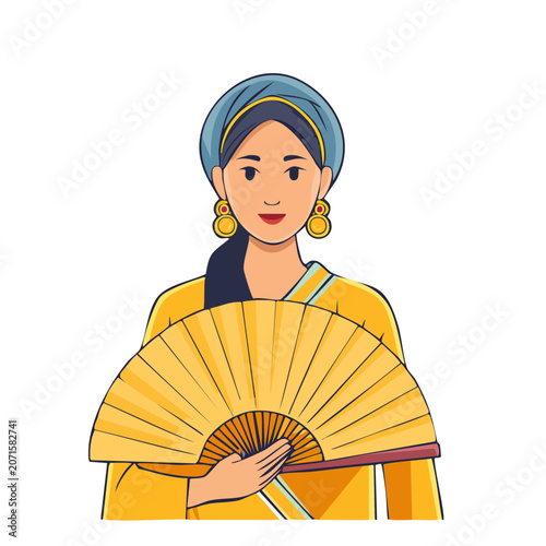 Woman in traditional clothing holding a yellow fan