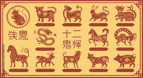 Canvas Print Traditional Chinese zodiac chart illustration with twelve animals in paper cut s