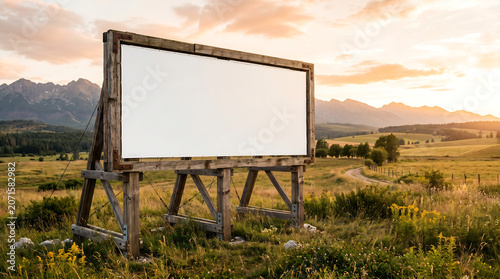 Blank wooden billboard in scenic mountain landscape at sunset
